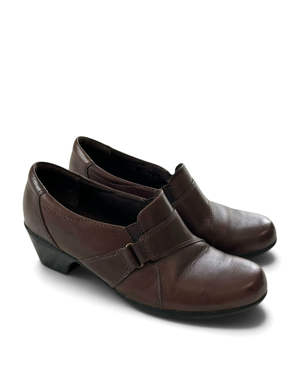 Clarks Women's Brown Leather Low Block Heel Slip-On Shoes Clogs